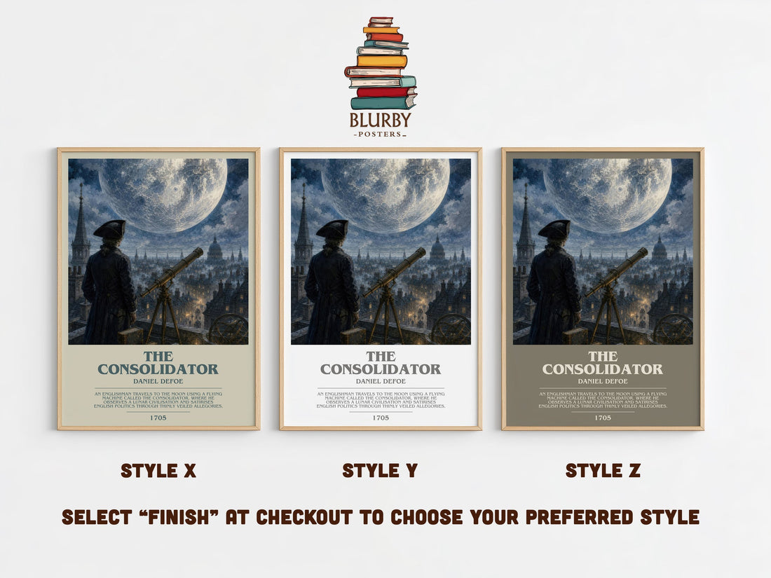 The Consolidator bookish print in frame leaning in hallway – sci fi wall art (mockup)