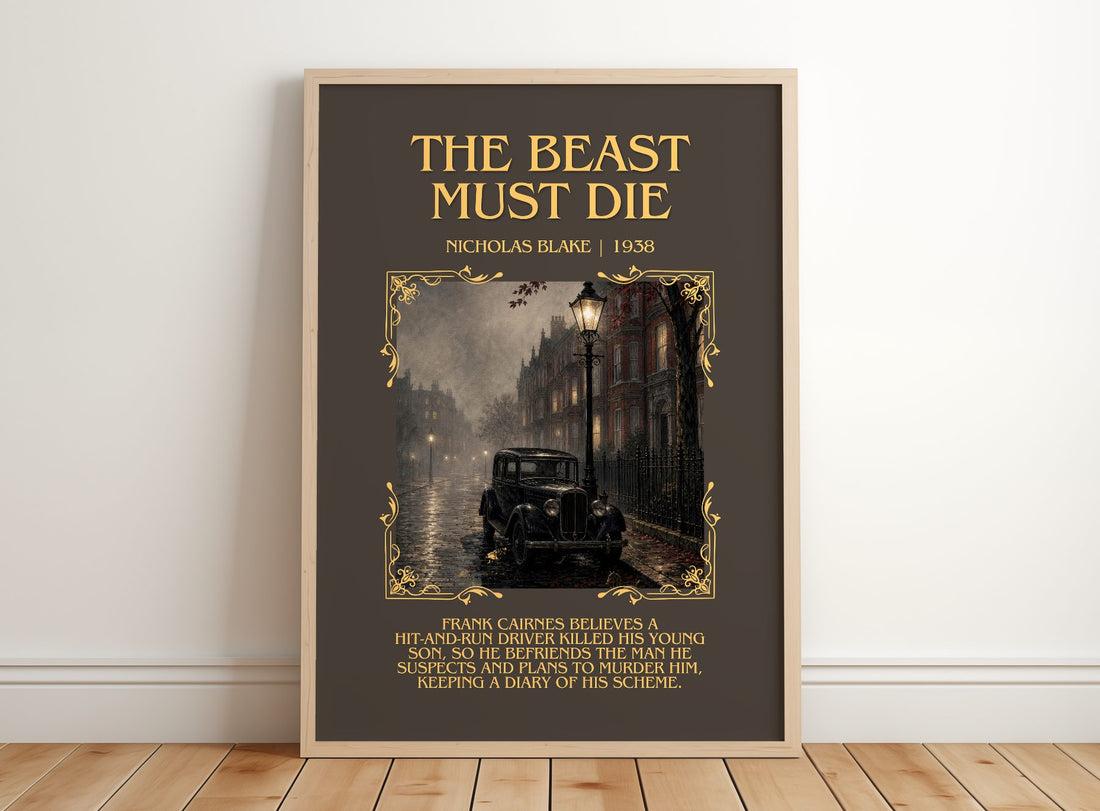 The Beast Must Die Minimalist Book Poster by Nicholas Blake – framed print leaning on a wooden floor