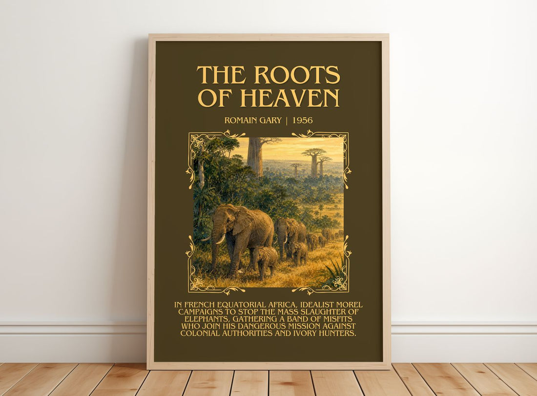 The Roots of Heaven Minimalist Book Poster by Romain Gary – framed print leaning on a wooden floor