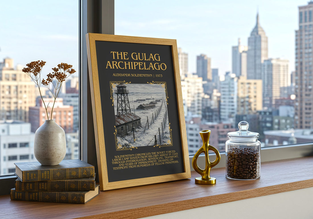 The Gulag Archipelago Minimalist Book Poster by Aleksandr Solzhenitsyn – framed print on a city-view windowsill