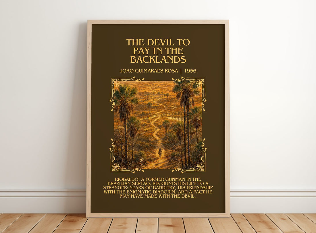 Devil to Pay in the Backlands Minimalist Book Poster by J. Rosa – framed print leaning on a wooden floor