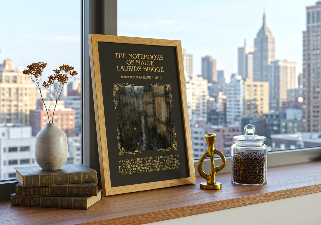 Notebooks of Malte Laurids Brigge Minimalist Book Poster by R. Rilke – framed print on a city-view windowsill