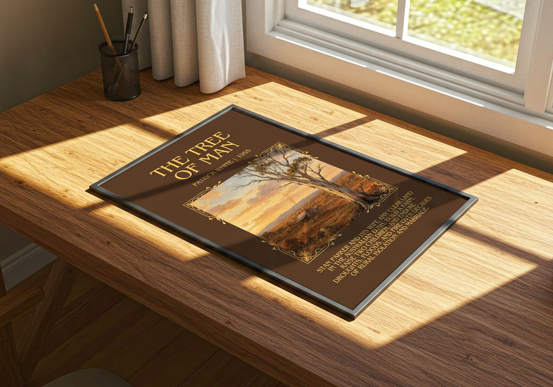 The Tree of Man Minimalist Book Poster by Patrick White – print on a sunlit desk