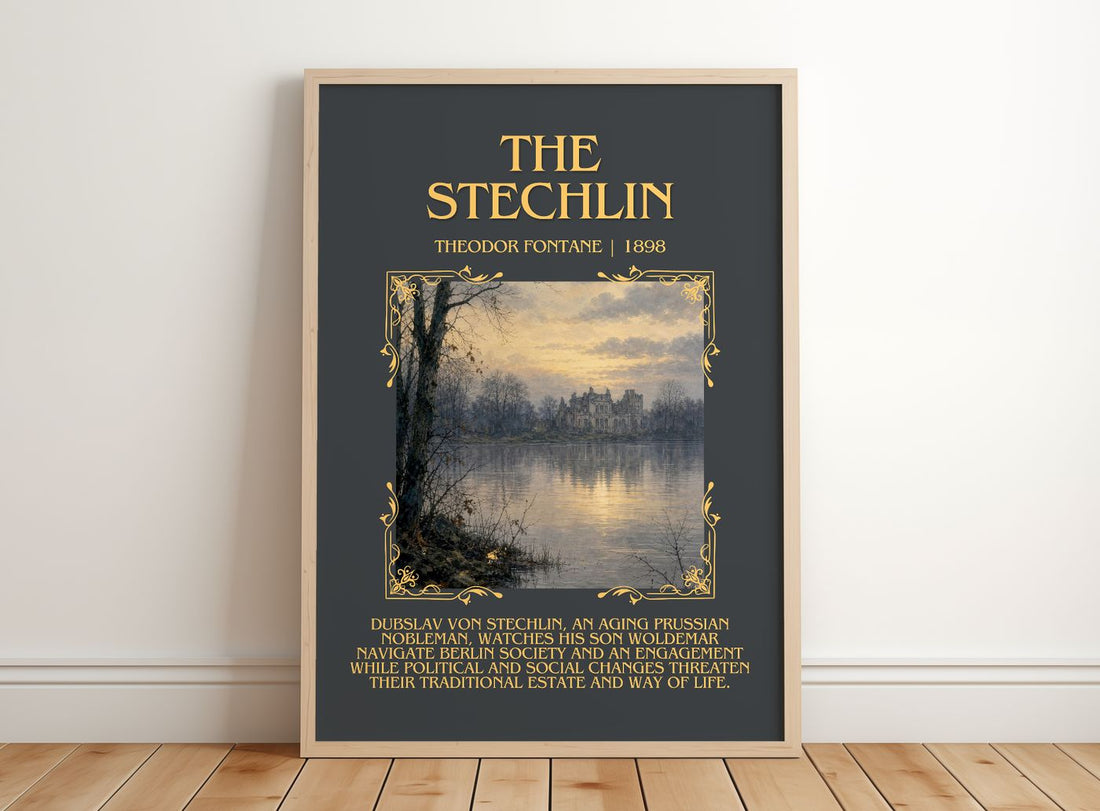 The Stechlin Minimalist Book Poster by Theodor Fontane – framed print leaning on a wooden floor