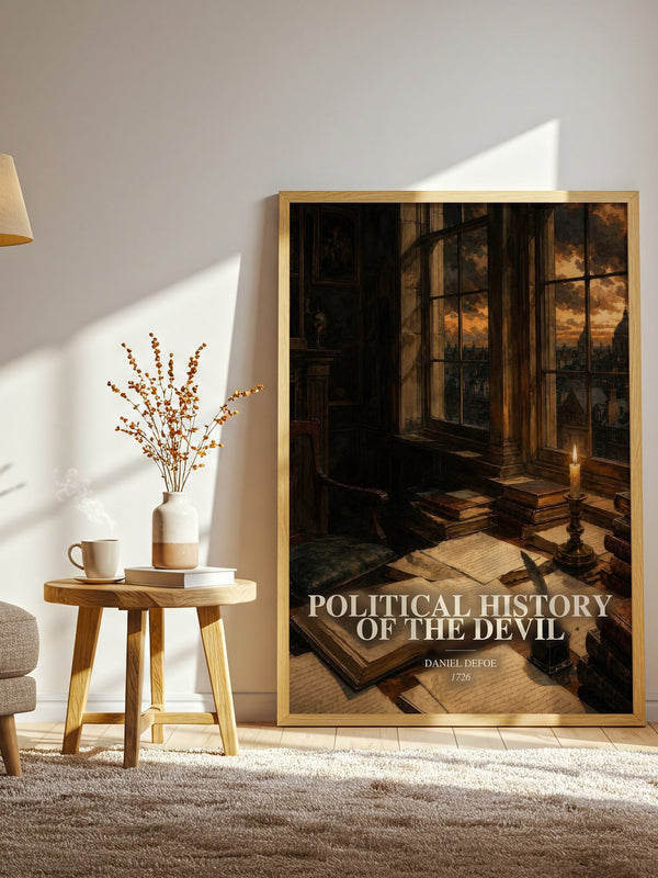 Political History Of The Devil watercolour print in frame leaning in hallway – non fiction wall art