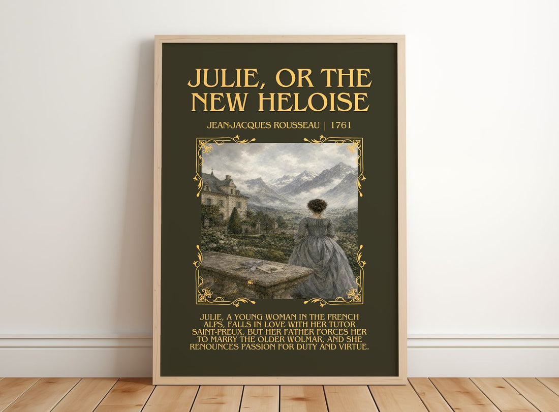 Julie, or the New Heloise Minimalist Book Poster by J. Rousseau – framed print leaning on a wooden floor