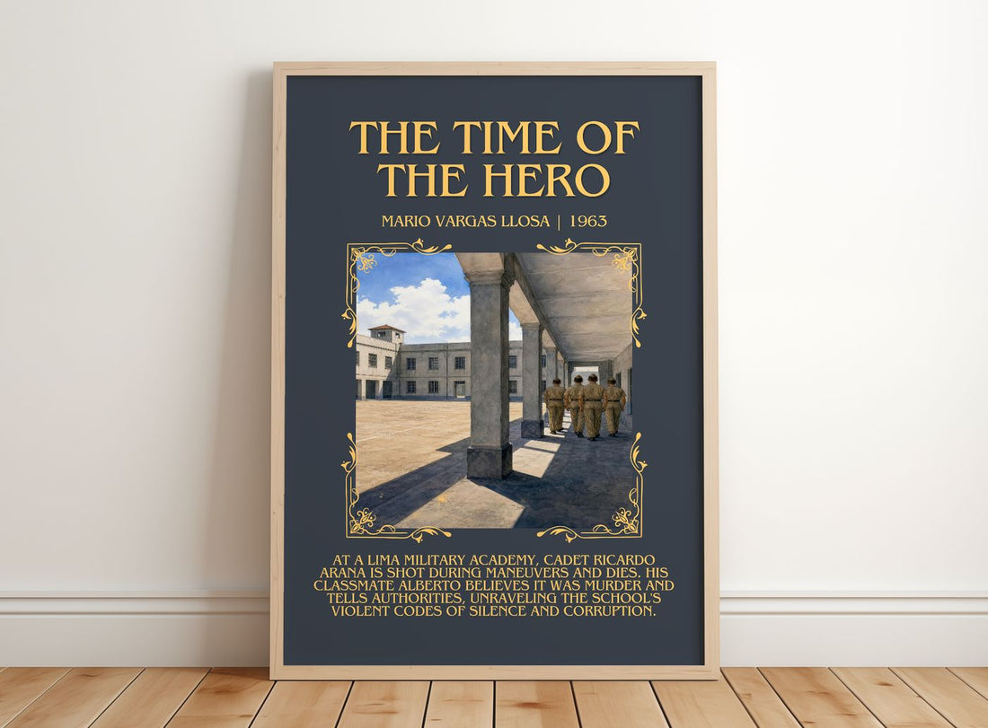 The Time of the Hero Minimalist Book Poster by Mario Vargas Llosa – framed print leaning on a wooden floor