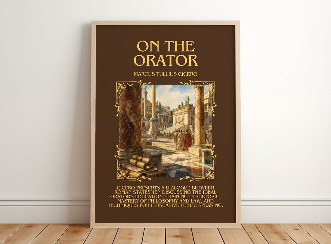 On The Orator Minimalist Book Poster by Marcus Tullius Cicero – framed print leaning on a wooden floor