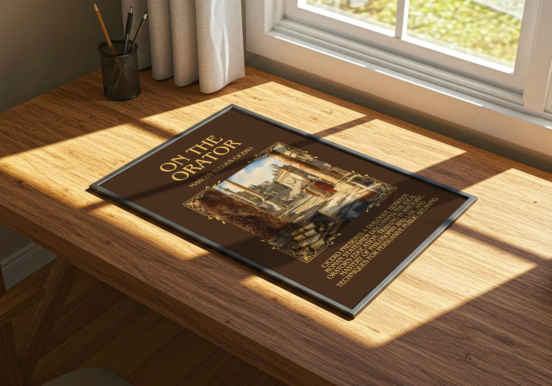 On The Orator Minimalist Book Poster by Marcus Tullius Cicero – print on a sunlit desk