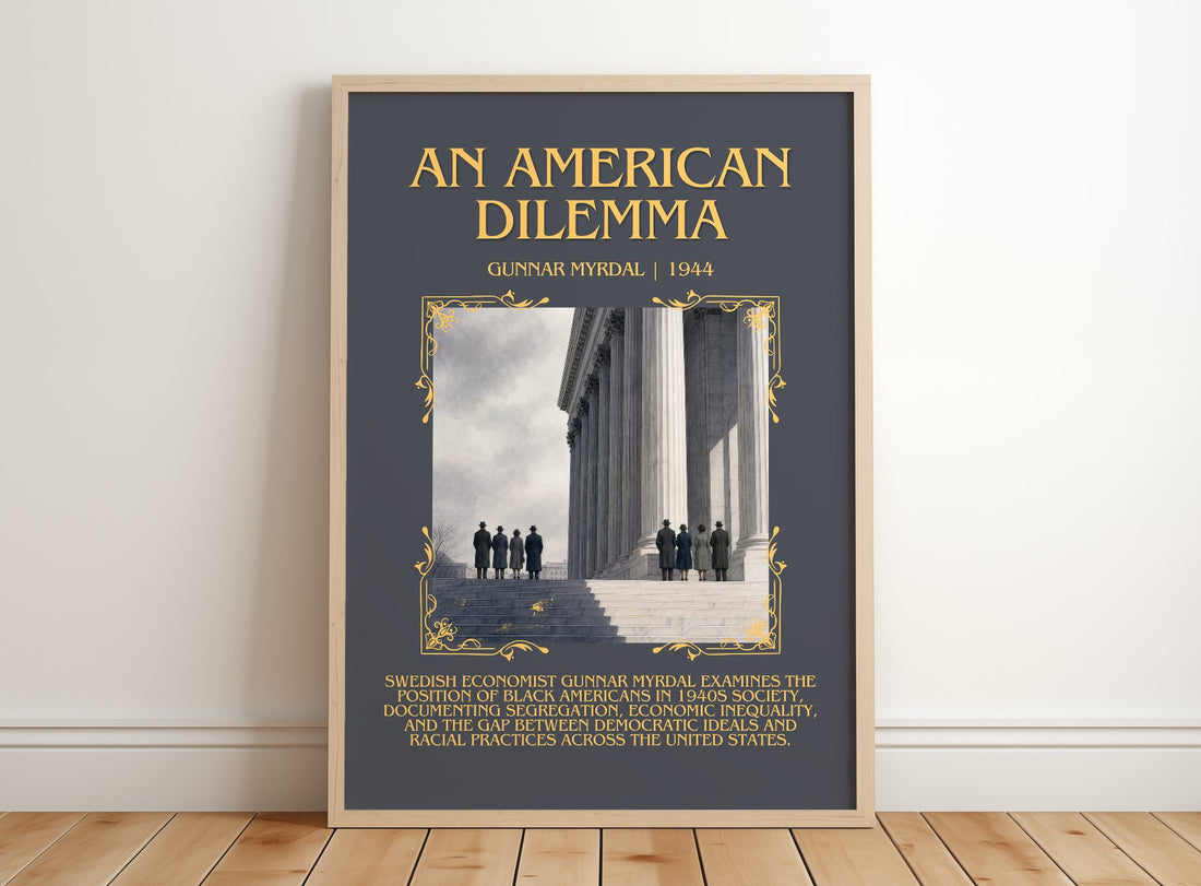 An American Dilemma Minimalist Book Poster by Gunnar Myrdal – framed print leaning on a wooden floor