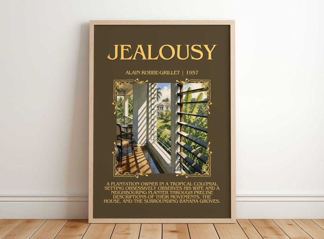 Jealousy Minimalist Book Poster by Alain Robbe-Grillet – framed print leaning on a wooden floor