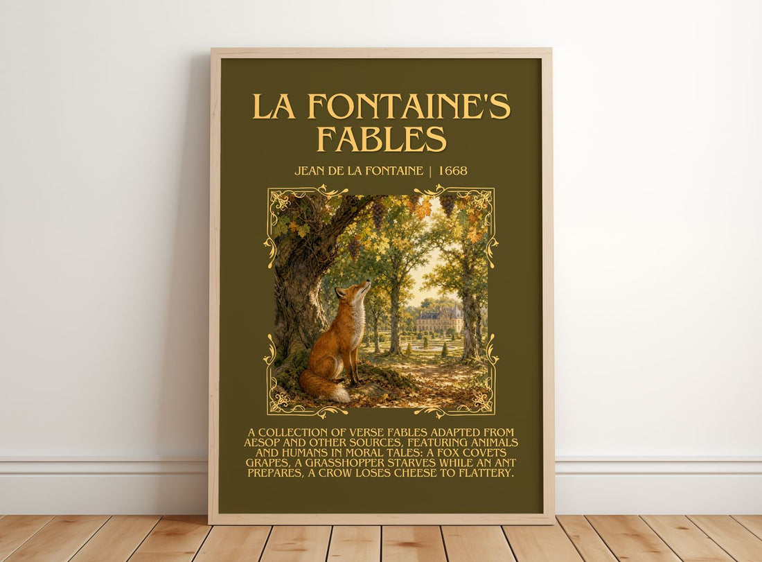 La Fontaine's Fables Minimalist Book Poster by Jean de La Fontaine – framed print leaning on a wooden floor