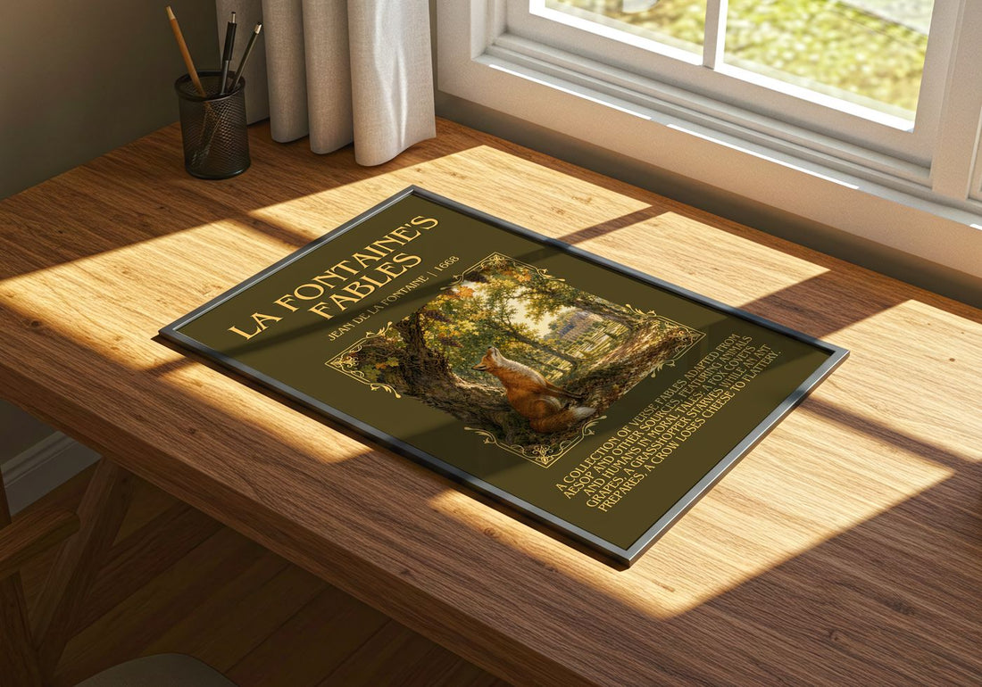 La Fontaine's Fables Minimalist Book Poster by Jean de La Fontaine – print on a sunlit desk