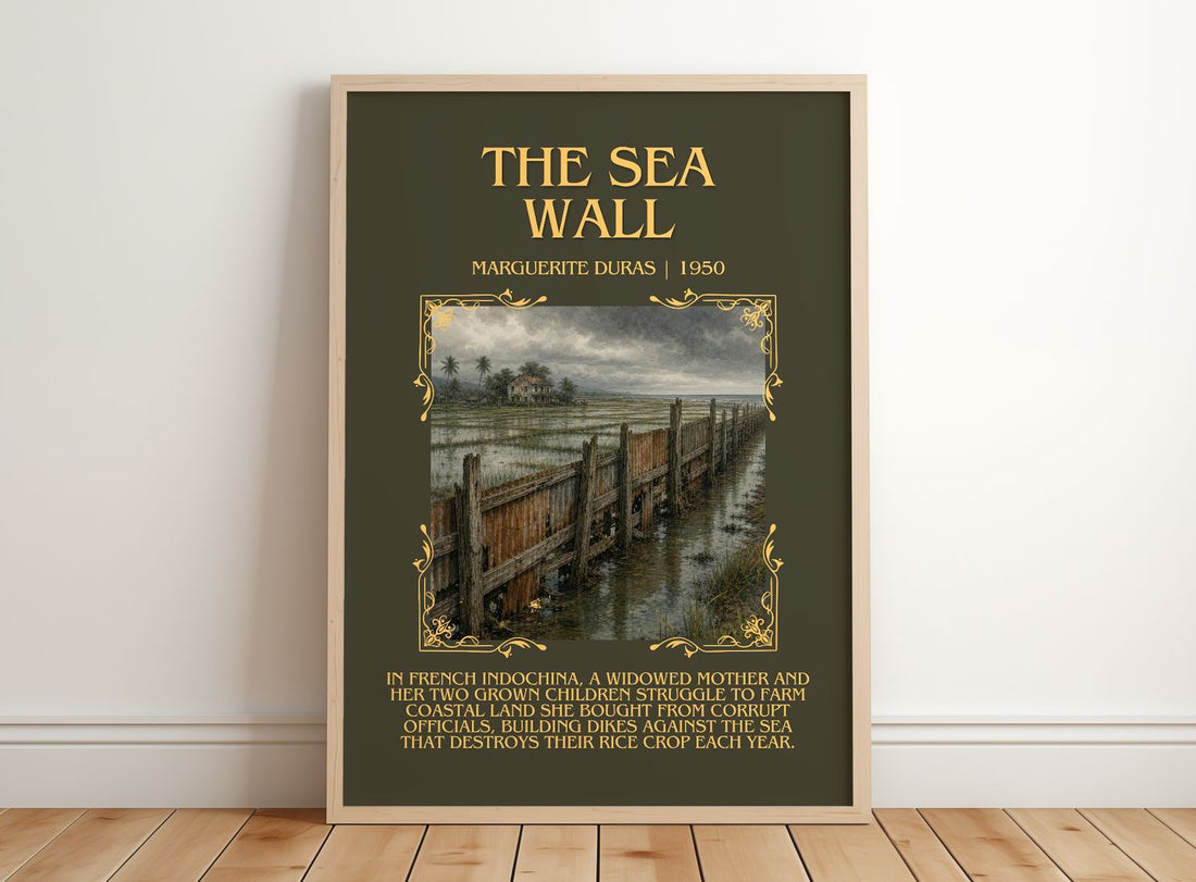 The Sea Wall Minimalist Book Poster by Marguerite Duras – framed print leaning on a wooden floor