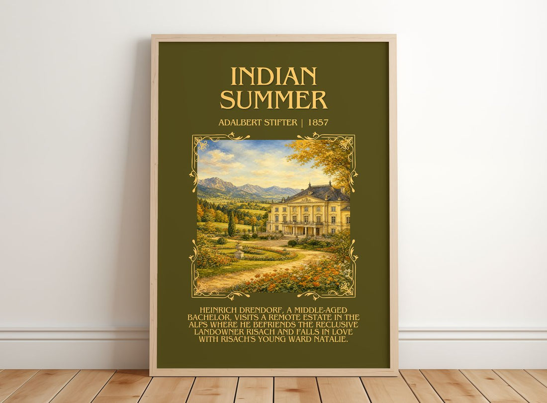 Indian Summer Minimalist Book Poster by Adalbert Stifter – framed print leaning on a wooden floor