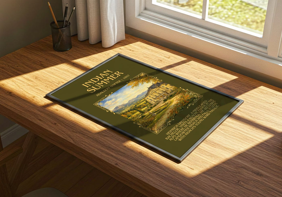 Indian Summer Minimalist Book Poster by Adalbert Stifter – print on a sunlit desk