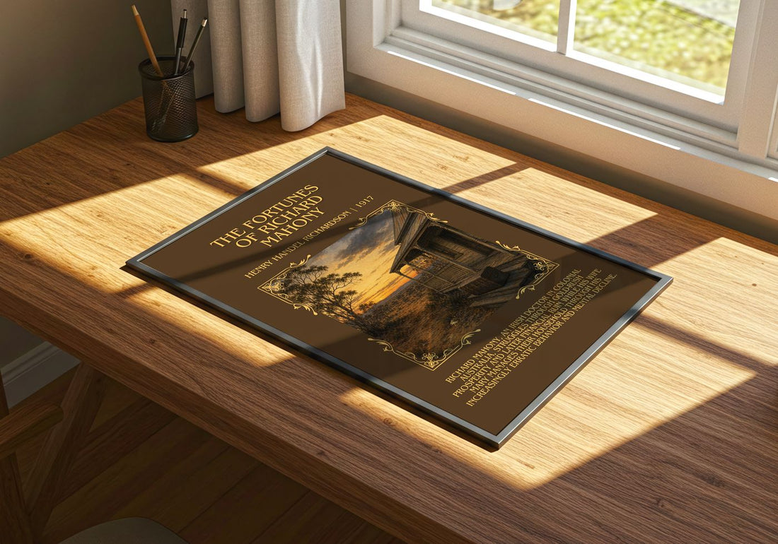 Fortunes Of Richard Mahony Minimalist Book Poster by H. Richardson – print on a sunlit desk