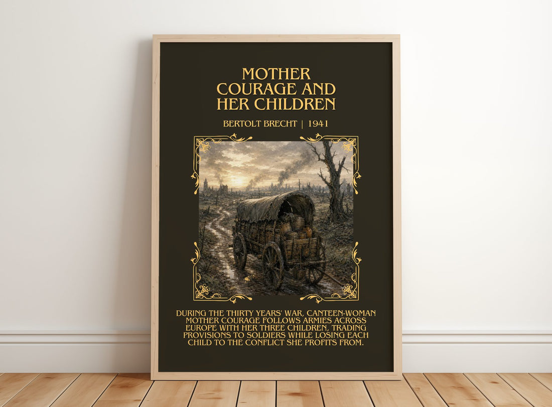 Mother Courage and Her Children Minimalist Book Poster by B. Brecht – framed print leaning on a wooden floor