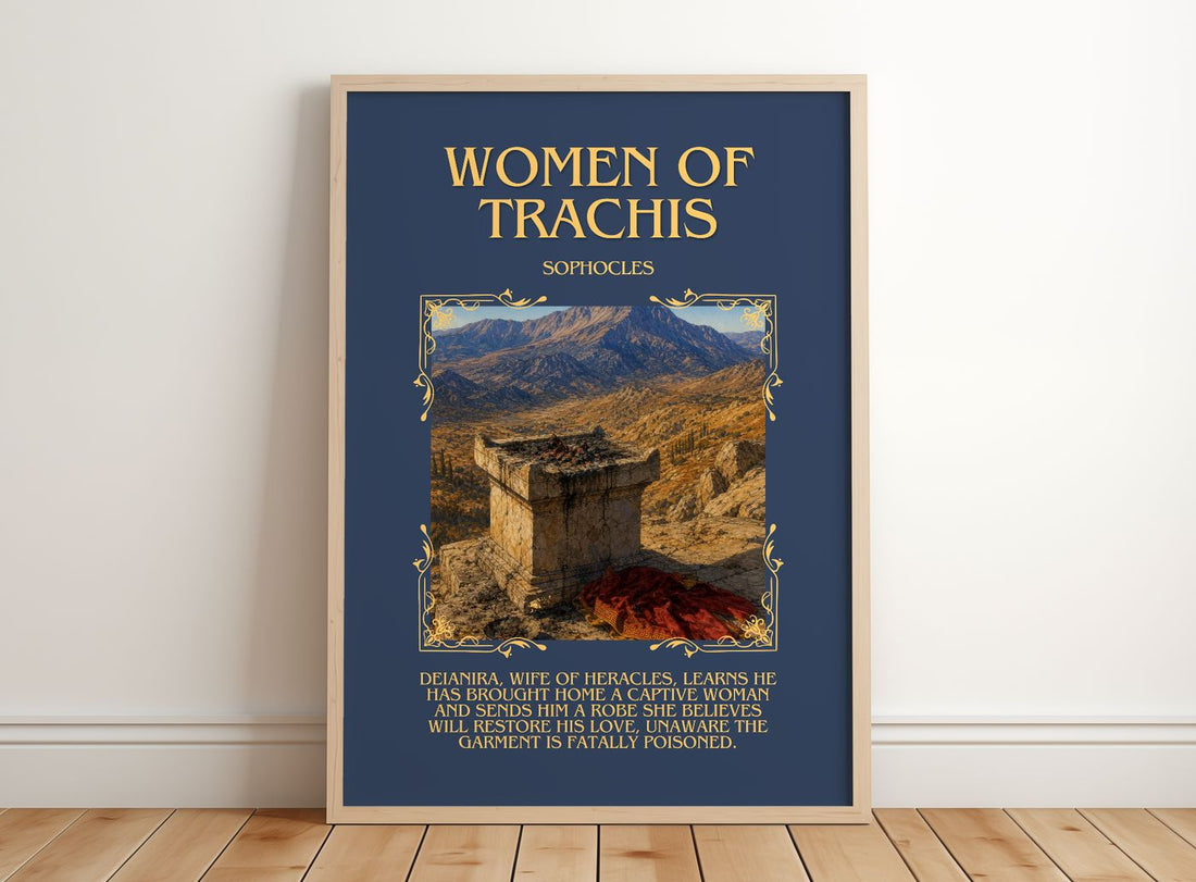 Women of Trachis Minimalist Book Poster by Sophocles – framed print leaning on a wooden floor