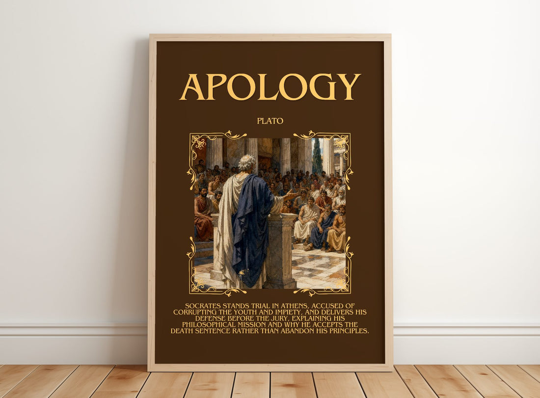 Apology Minimalist Book Poster by Plato – framed print leaning on a wooden floor