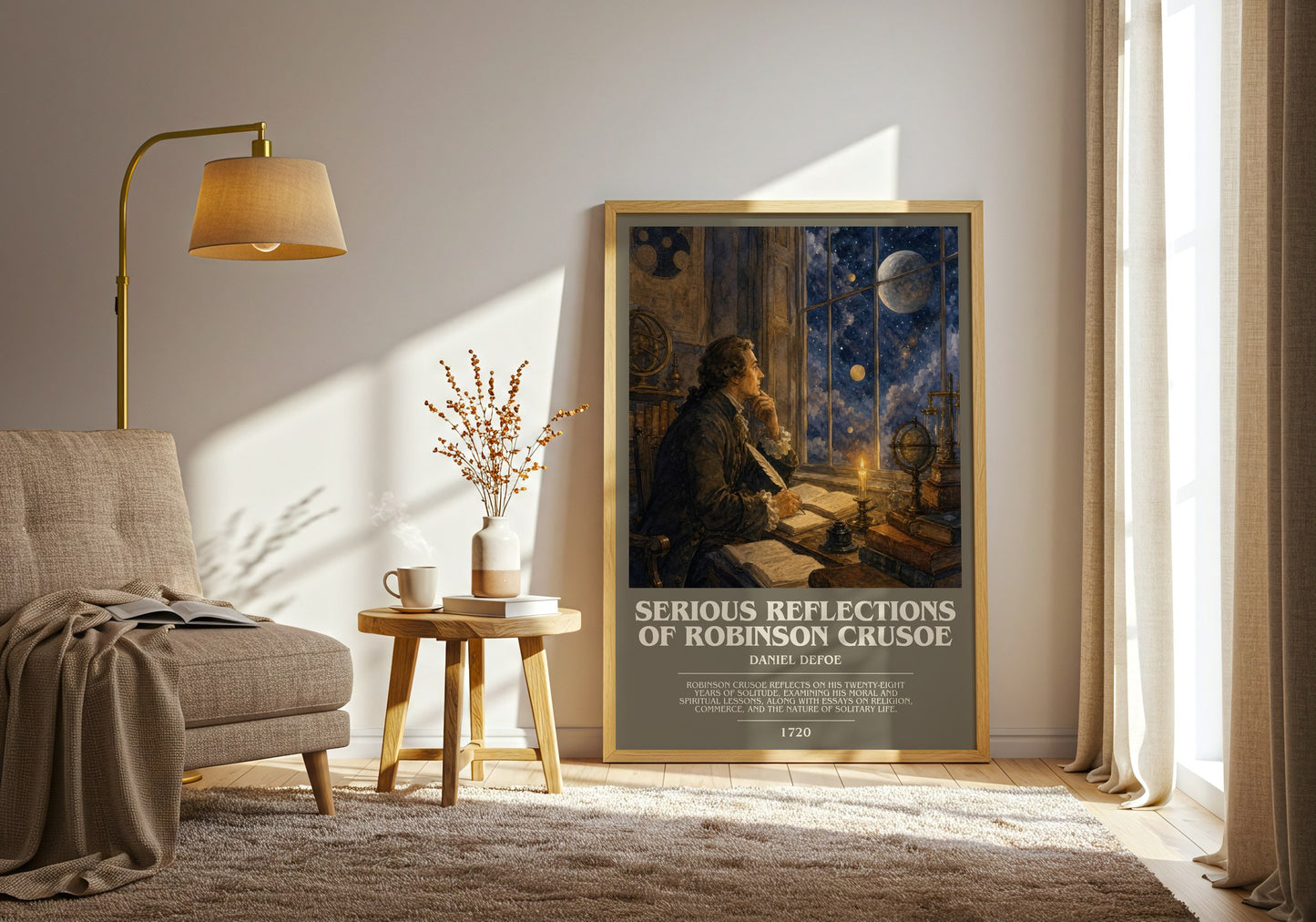 Serious Reflections Of Robinson Crusoe bookish print on bookshelf – Daniel Defoe fan gift