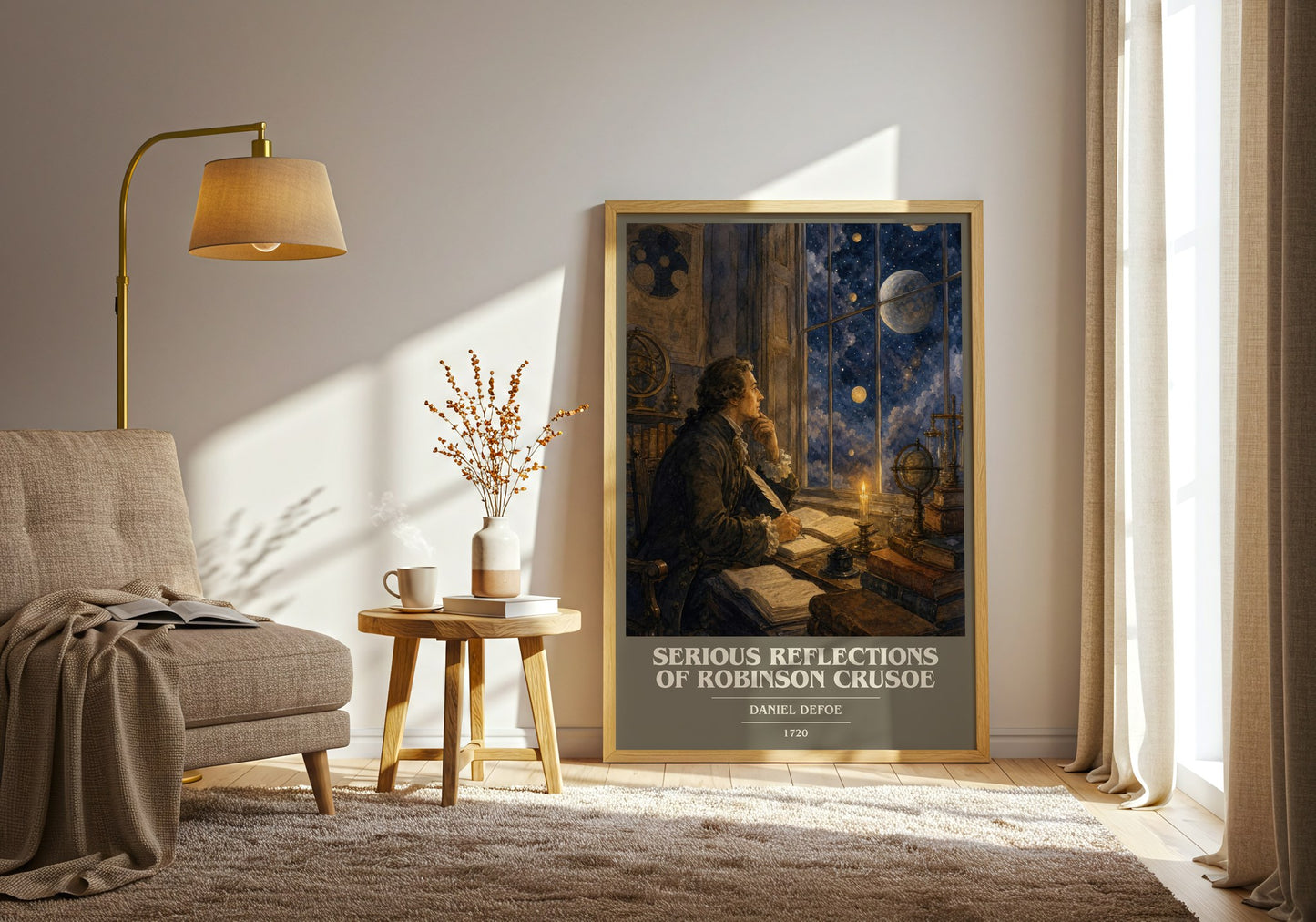 Serious Reflections Of Robinson Crusoe book cover print on bookshelf – Daniel Defoe fan gift