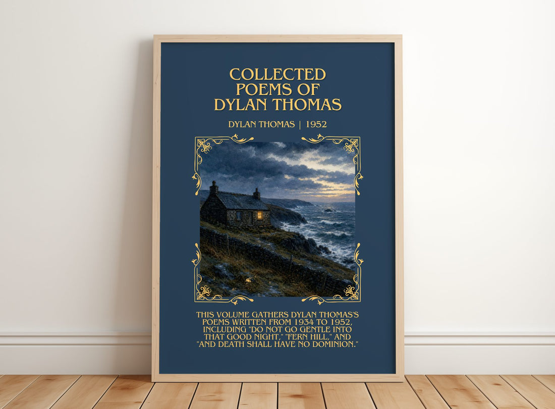 Collected Poems of Dylan Thomas Minimalist Book Poster by Dylan Thomas – framed print leaning on a wooden floor