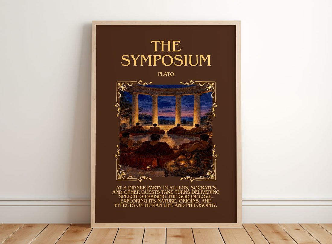 The Symposium Minimalist Book Poster by Plato – framed print leaning on a wooden floor