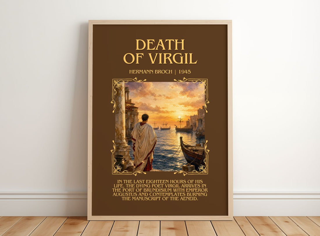 Death of Virgil Minimalist Book Poster by Hermann Broch – framed print leaning on a wooden floor