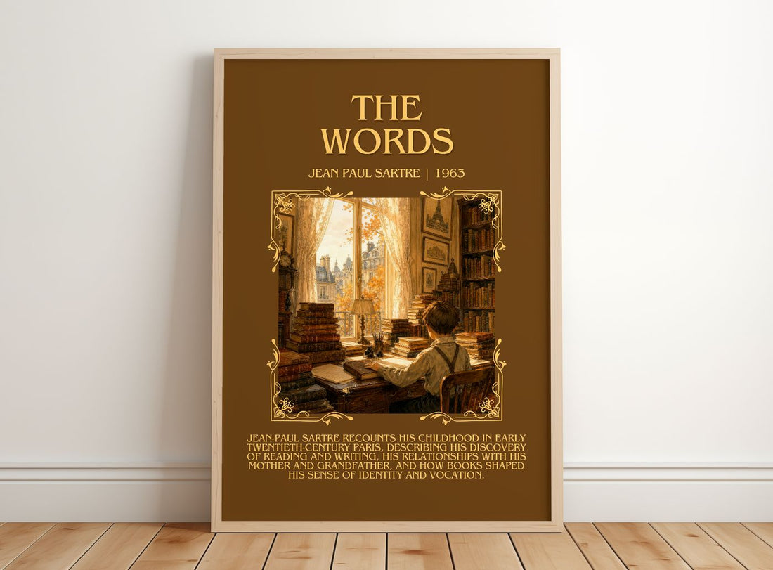 The Words Minimalist Book Poster by Jean Paul Sartre – framed print leaning on a wooden floor