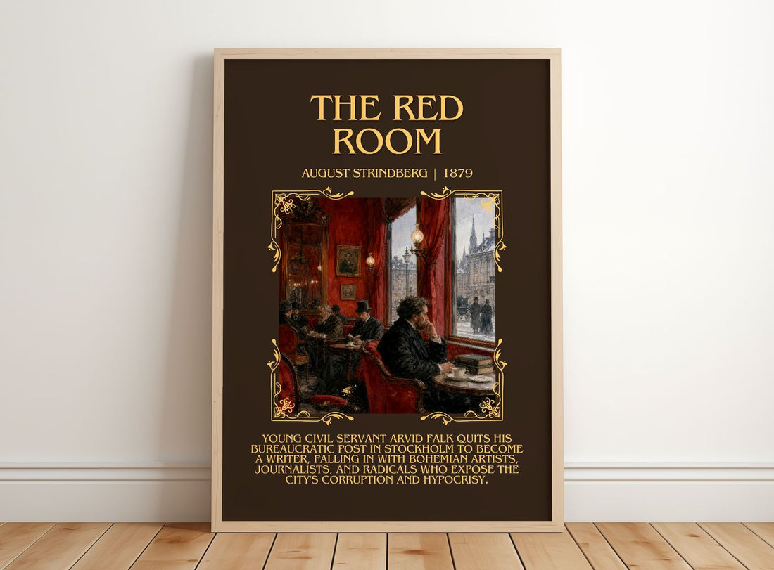 The Red Room Minimalist Book Poster by August Strindberg – framed print leaning on a wooden floor