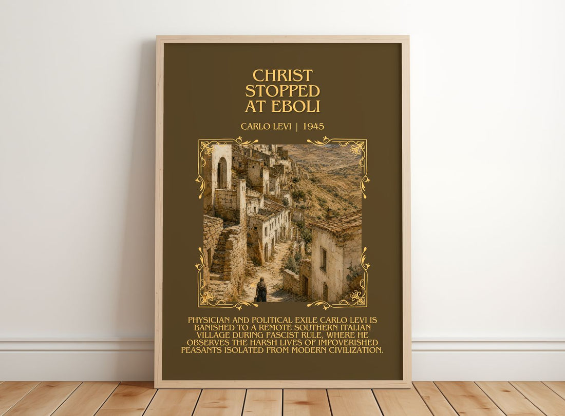 Christ Stopped at Eboli Minimalist Book Poster by Carlo Levi – framed print leaning on a wooden floor