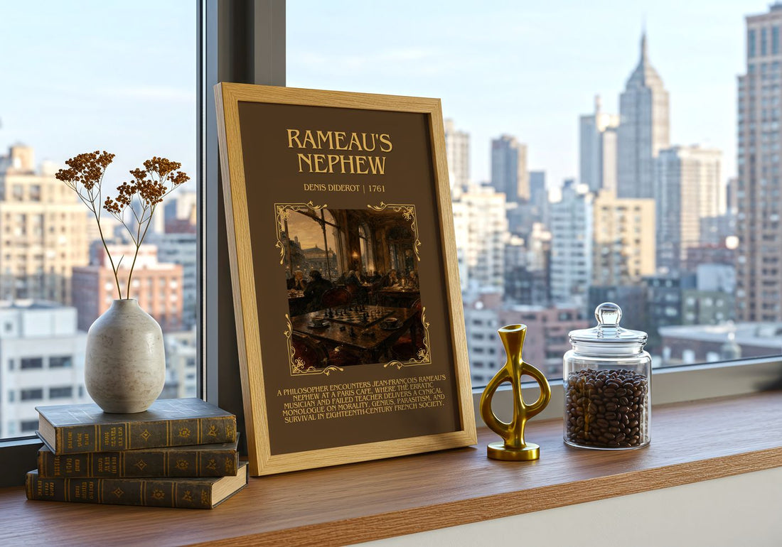 Rameau's Nephew Minimalist Book Poster by Denis Diderot – framed print on a city-view windowsill