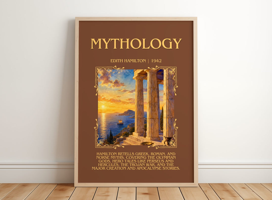 Mythology Minimalist Book Poster by Edith Hamilton – framed print leaning on a wooden floor