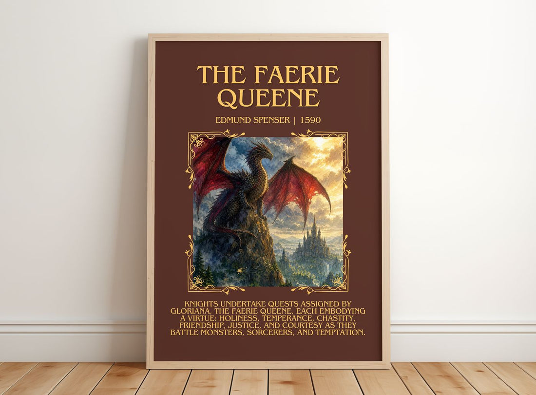 The Faerie Queene Minimalist Book Poster by Edmund Spenser – framed print leaning on a wooden floor