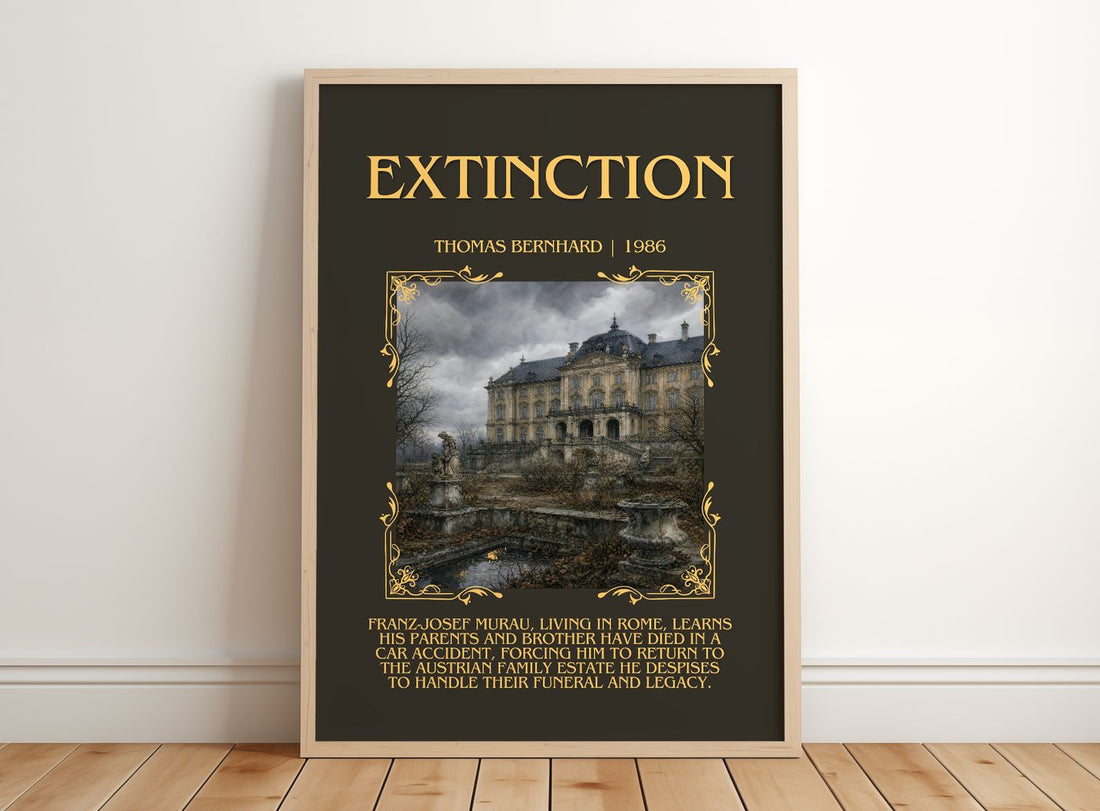 Extinction Minimalist Book Poster by Thomas Bernhard – framed print leaning on a wooden floor
