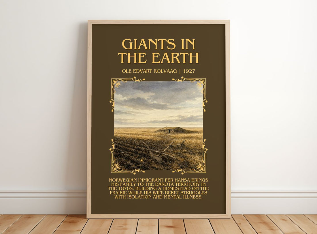 Giants in the Earth Minimalist Book Poster by Ole Edvart Rolvaag – framed print leaning on a wooden floor