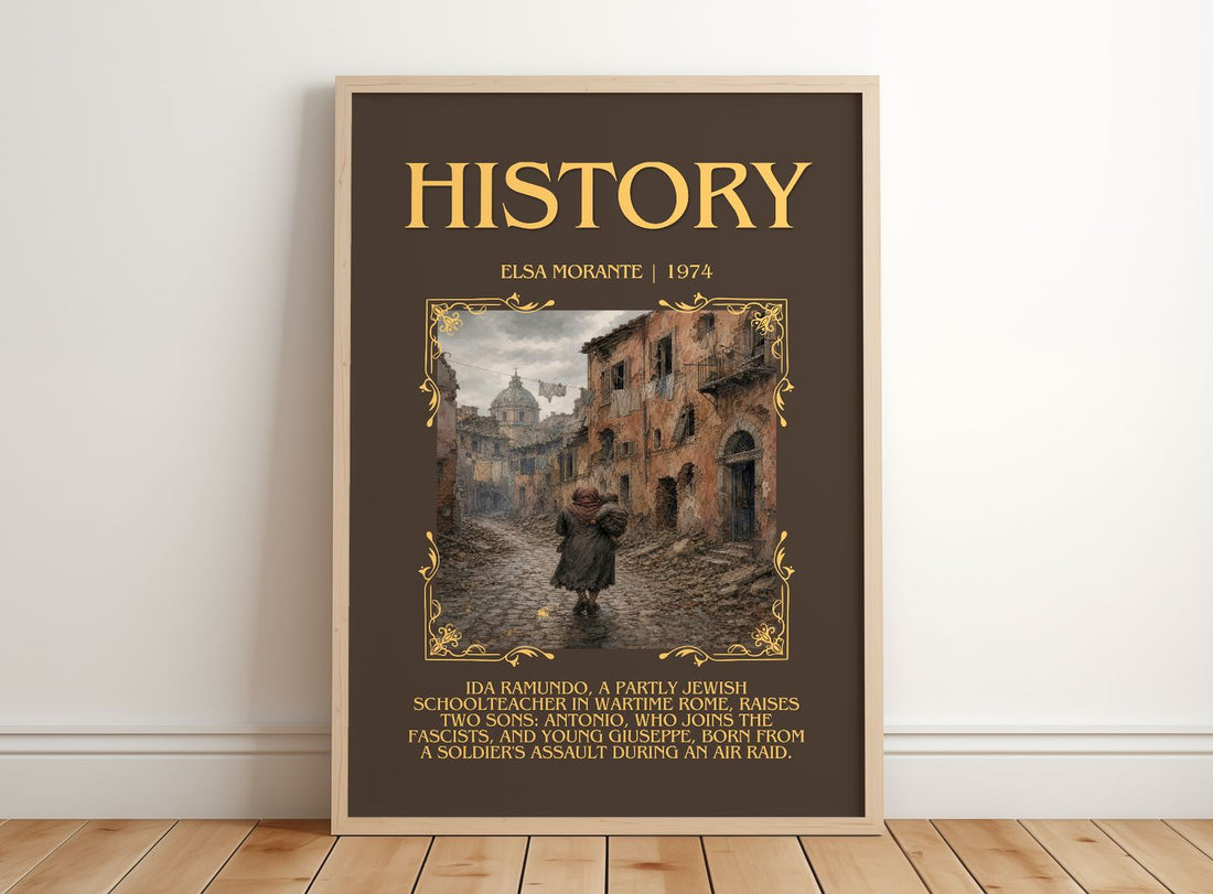 History Minimalist Book Poster by Elsa Morante – framed print leaning on a wooden floor