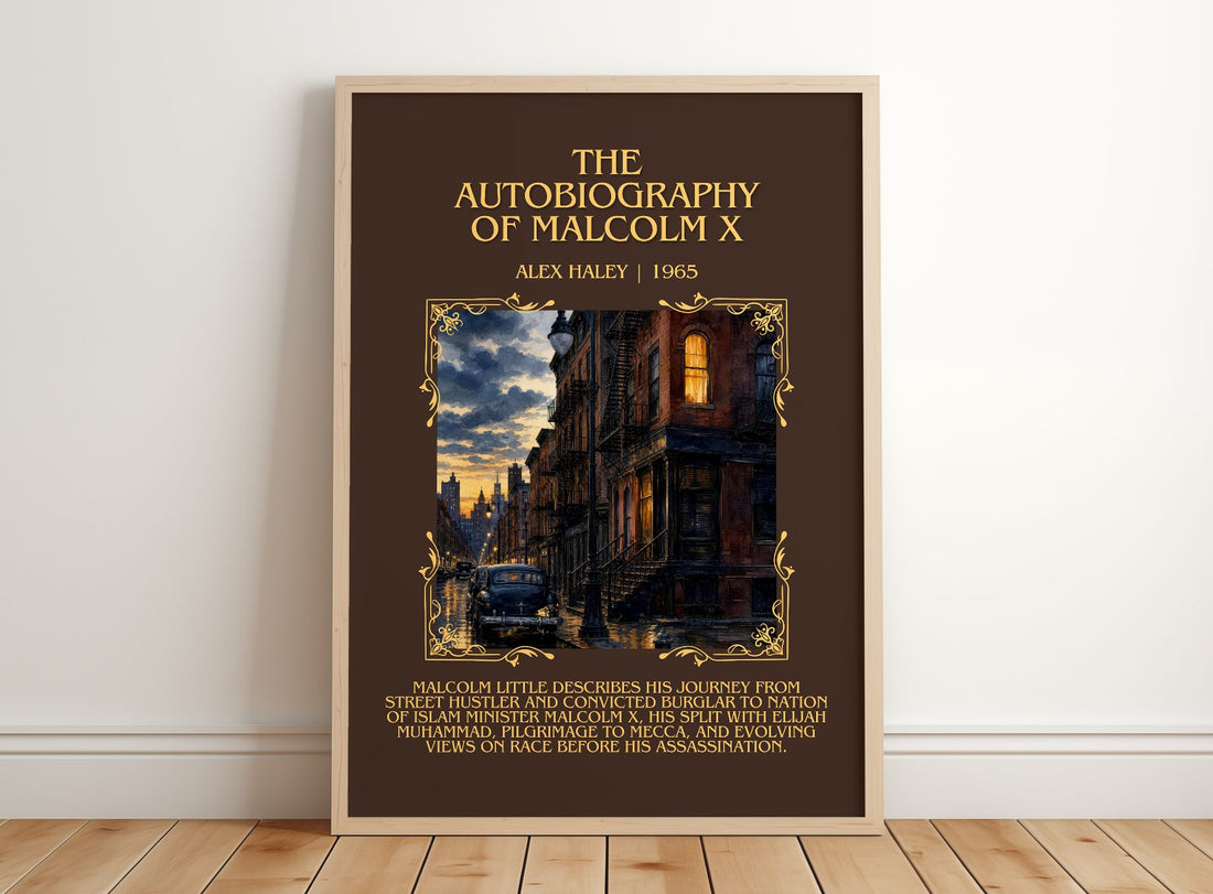 The Autobiography of Malcolm X Minimalist Book Poster by Alex Haley – framed print leaning on a wooden floor