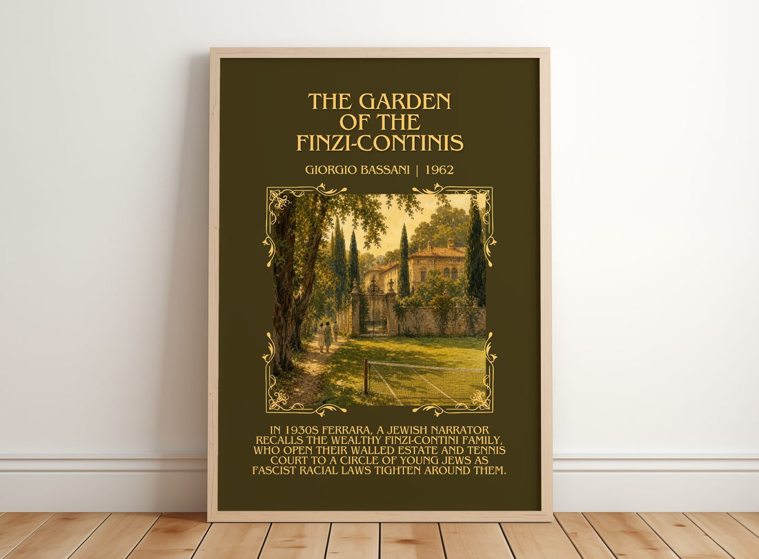 Garden of the Finzi-Continis Minimalist Book Poster by Giorgio Bassani – framed print leaning on a wooden floor