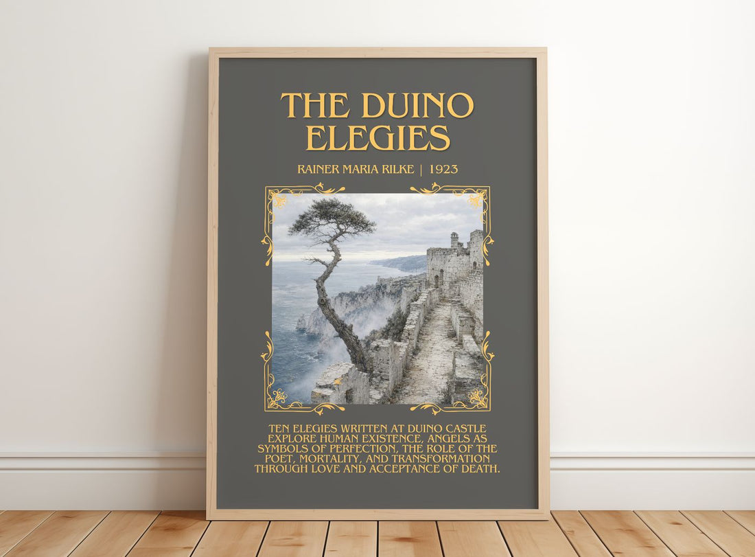 The Duino Elegies Minimalist Book Poster by Rainer Maria Rilke – framed print leaning on a wooden floor