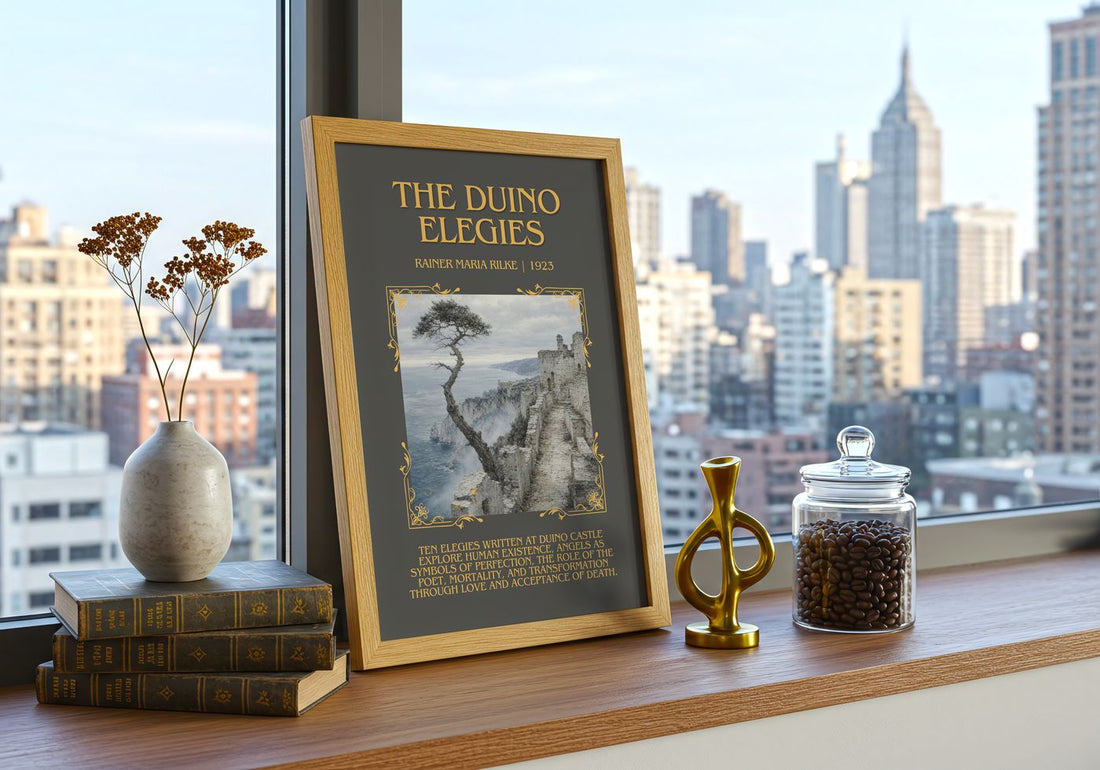 The Duino Elegies Minimalist Book Poster by Rainer Maria Rilke – framed print on a city-view windowsill
