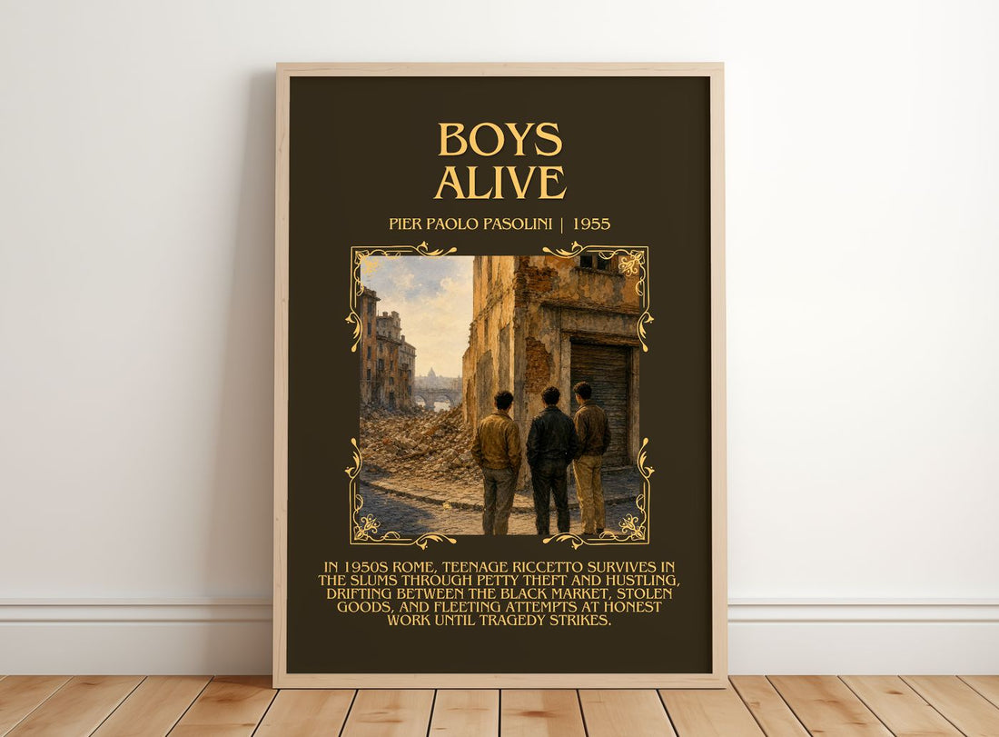 Boys Alive Minimalist Book Poster by Pier Paolo Pasolini – framed print leaning on a wooden floor