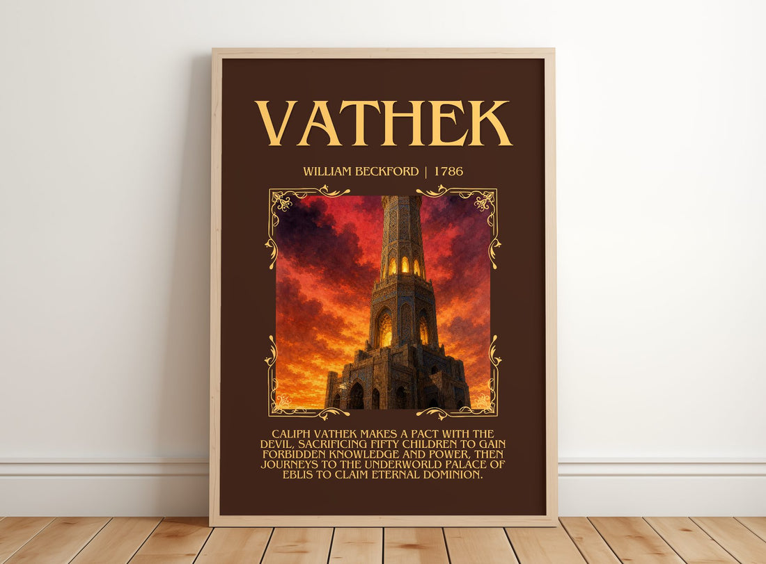 Vathek Minimalist Book Poster by William Beckford – framed print leaning on a wooden floor