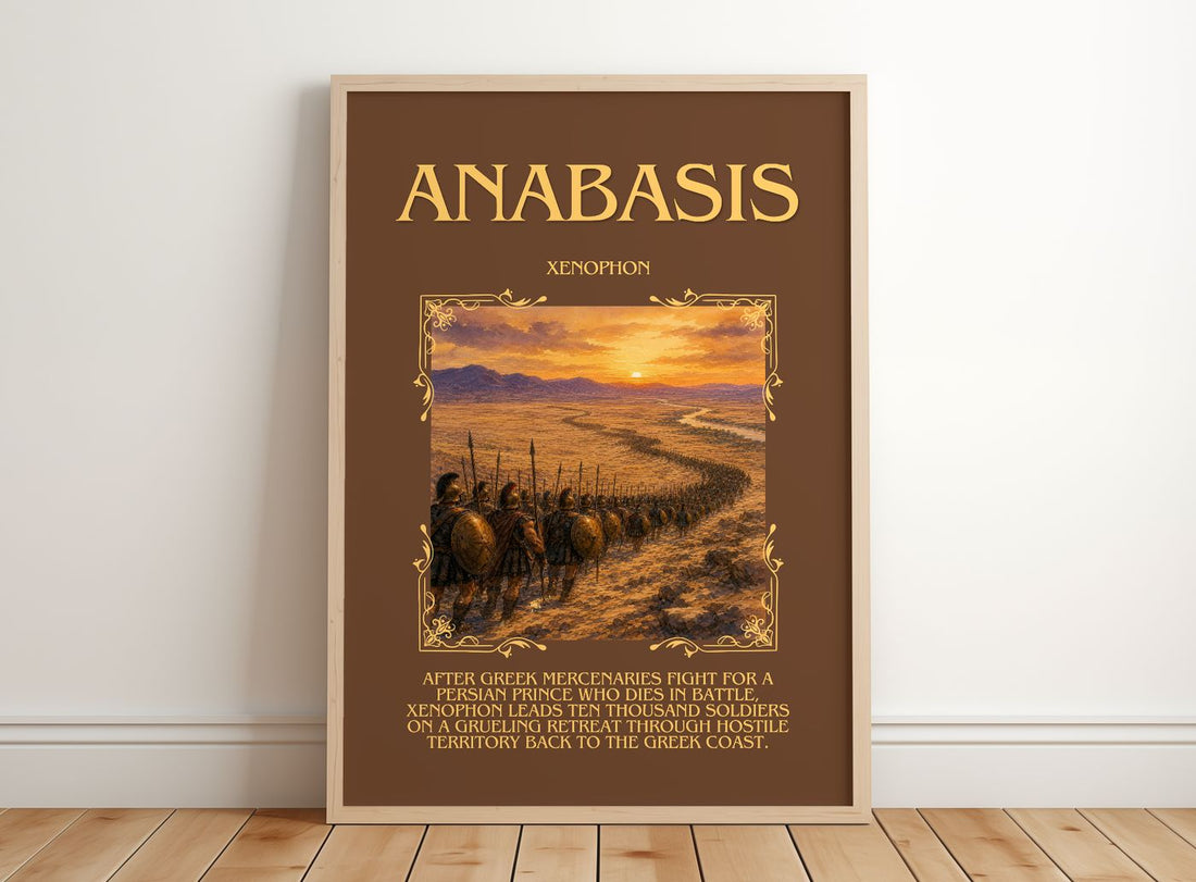 Anabasis Minimalist Book Poster by Xenophon – framed print leaning on a wooden floor