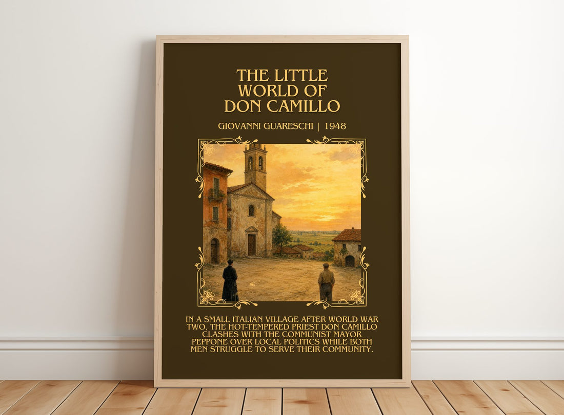 Little World Of Don Camillo Minimalist Book Poster by G. Guareschi – framed print leaning on a wooden floor