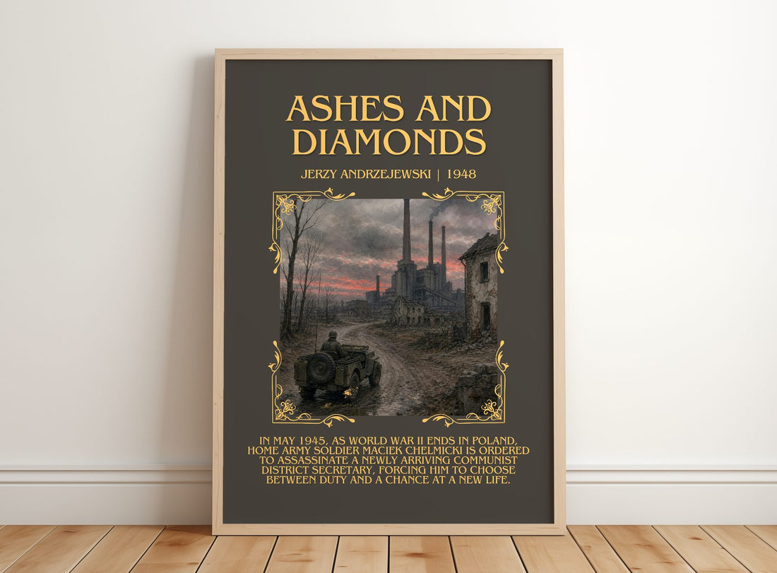 Ashes and Diamonds Minimalist Book Poster by Jerzy Andrzejewski – framed print leaning on a wooden floor
