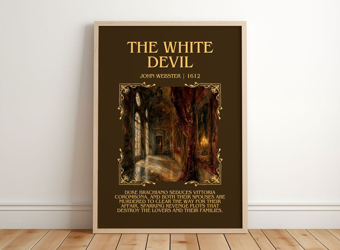 The White Devil Minimalist Book Poster by John Webster – framed print leaning on a wooden floor