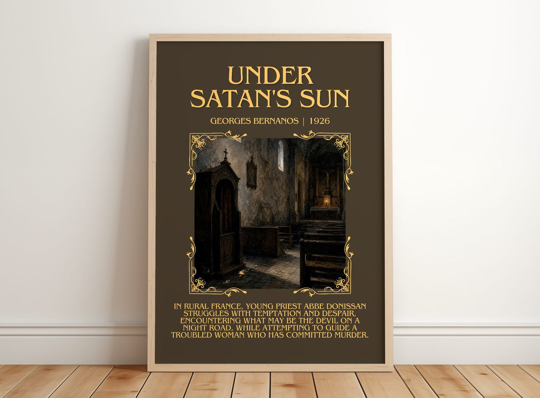 Under Satan's Sun Minimalist Book Poster by Georges Bernanos – framed print leaning on a wooden floor