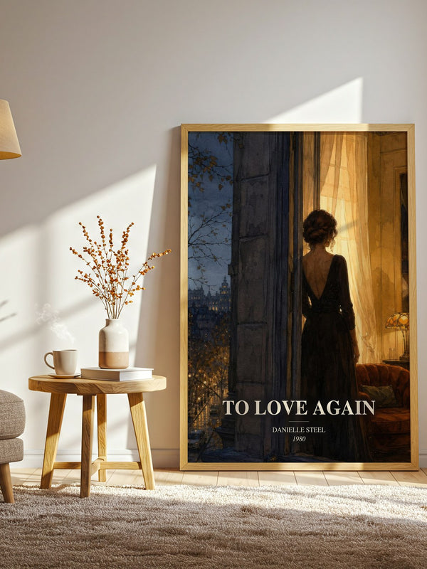 To Love Again watercolour print in frame leaning in hallway – contemporary fiction wall art